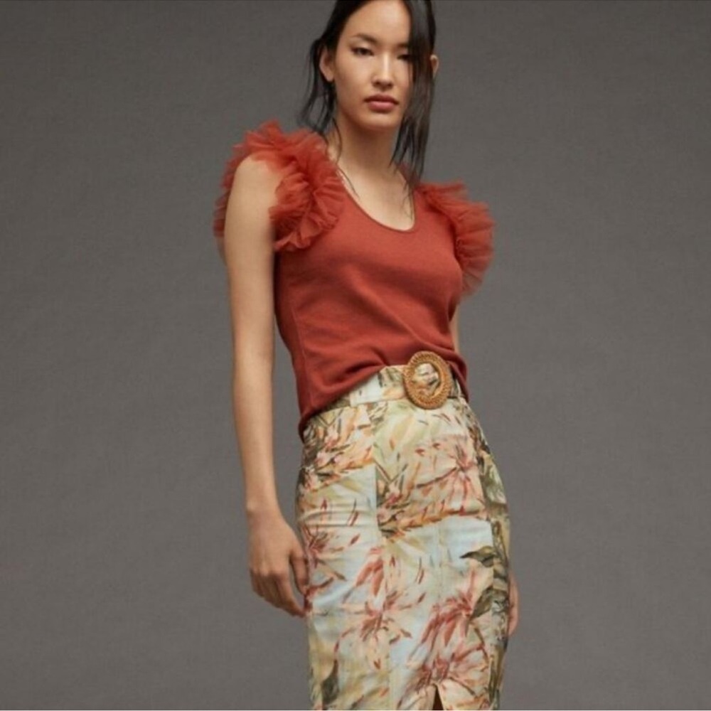 Anthropologie Bailey 44 RUST TULLE CAP SLEEVE RIBBED TOP FALL COLORS - Picture 2 of 10
